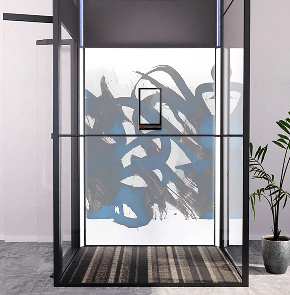 A SWIFT home lift with a black frame in front of a hand-painted art wall