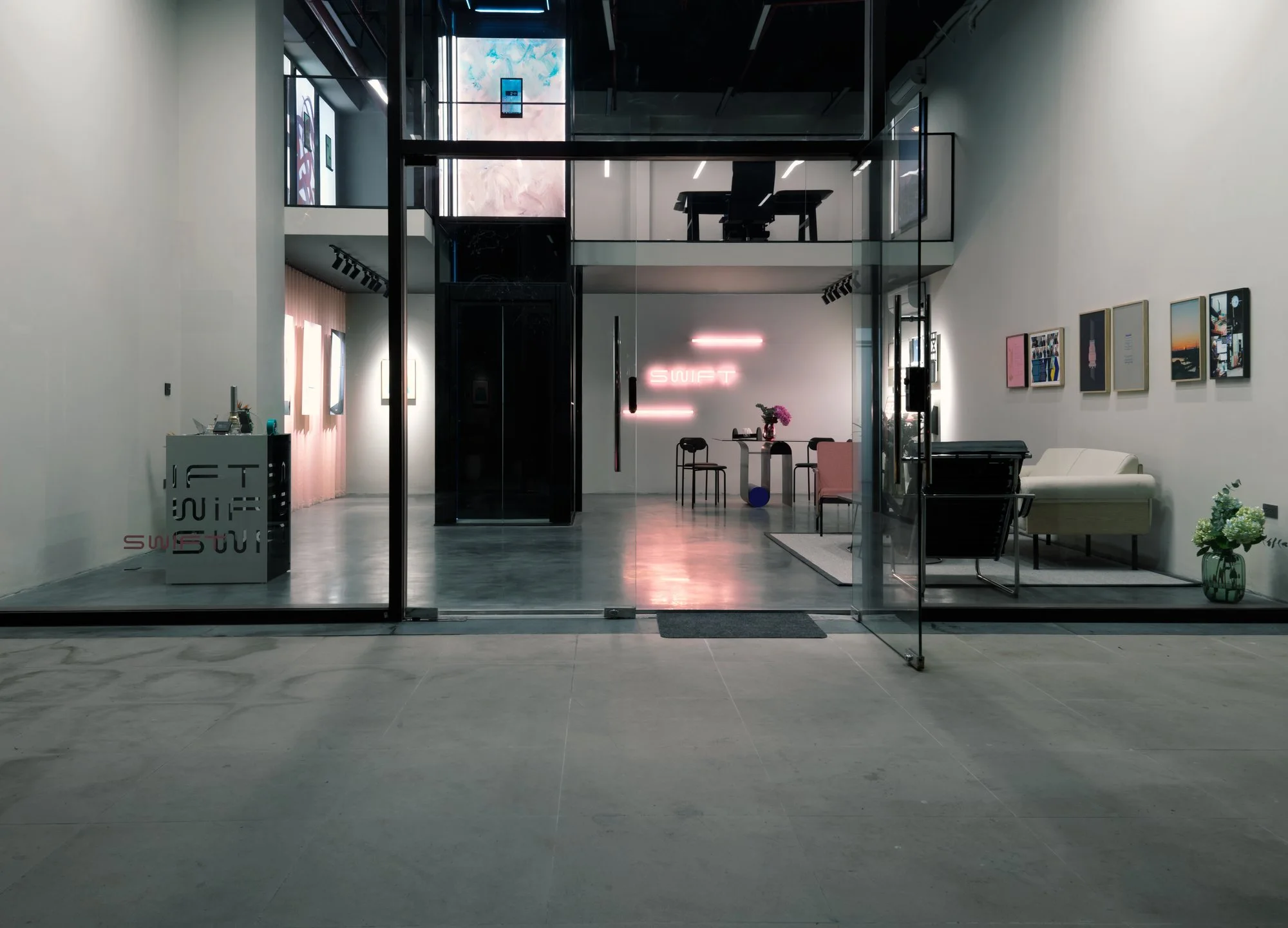 A SWIFT home lift standing in a showroom